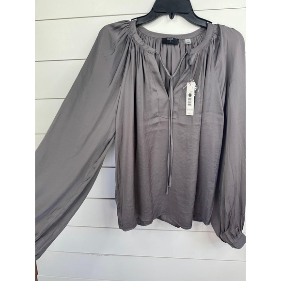 T TAHARI Women Size S Steel Grey V-Neck Tie Blouse Relaxed Fit Satin Peasant Top - Picture 3 of 8